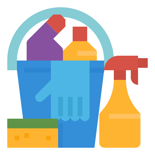 A bucket of cleaning supplies with gloves and spray bottle.